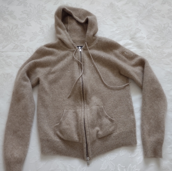 M. Miller luxury cashmere Made in Nepal crystals cardigan hoodie front zipper - Picture 1 of 12